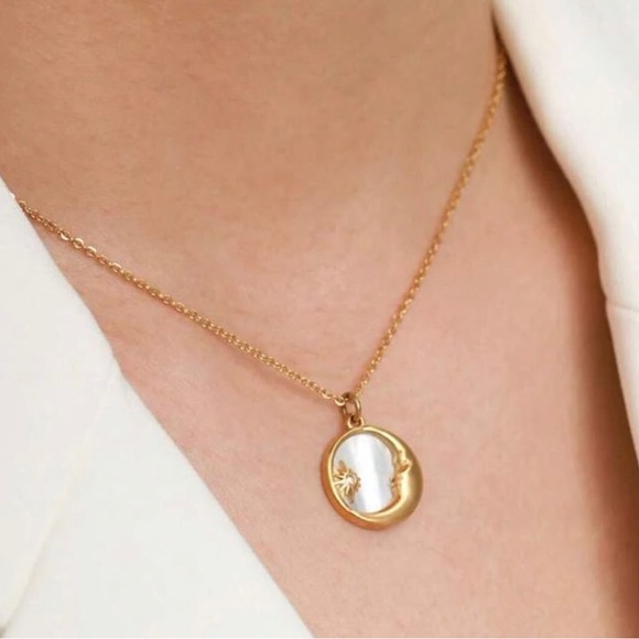 “Mother of Pearl Moon & Star” White Iridescent Shell Crescent Starburst Necklace - Picture 7 of 16